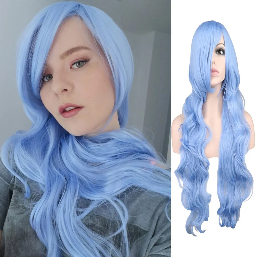 Long Wavy Cosplay Wigs For Women Party Costume Black White Red Pink Blue Blonde Orange Synthetic Hair Wigs with Bangs