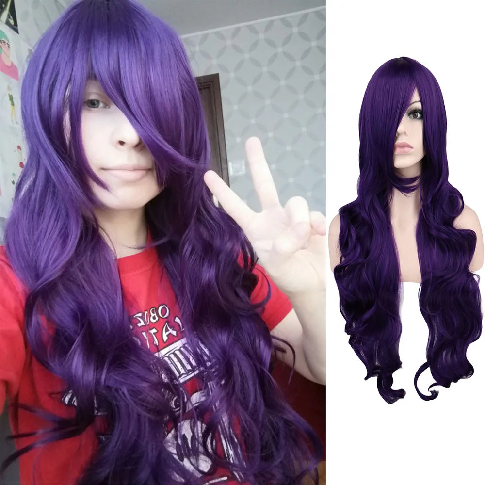 Long Wavy Cosplay Wigs For Women Party Costume Black White Red Pink Blue Blonde Orange Synthetic Hair Wigs with Bangs