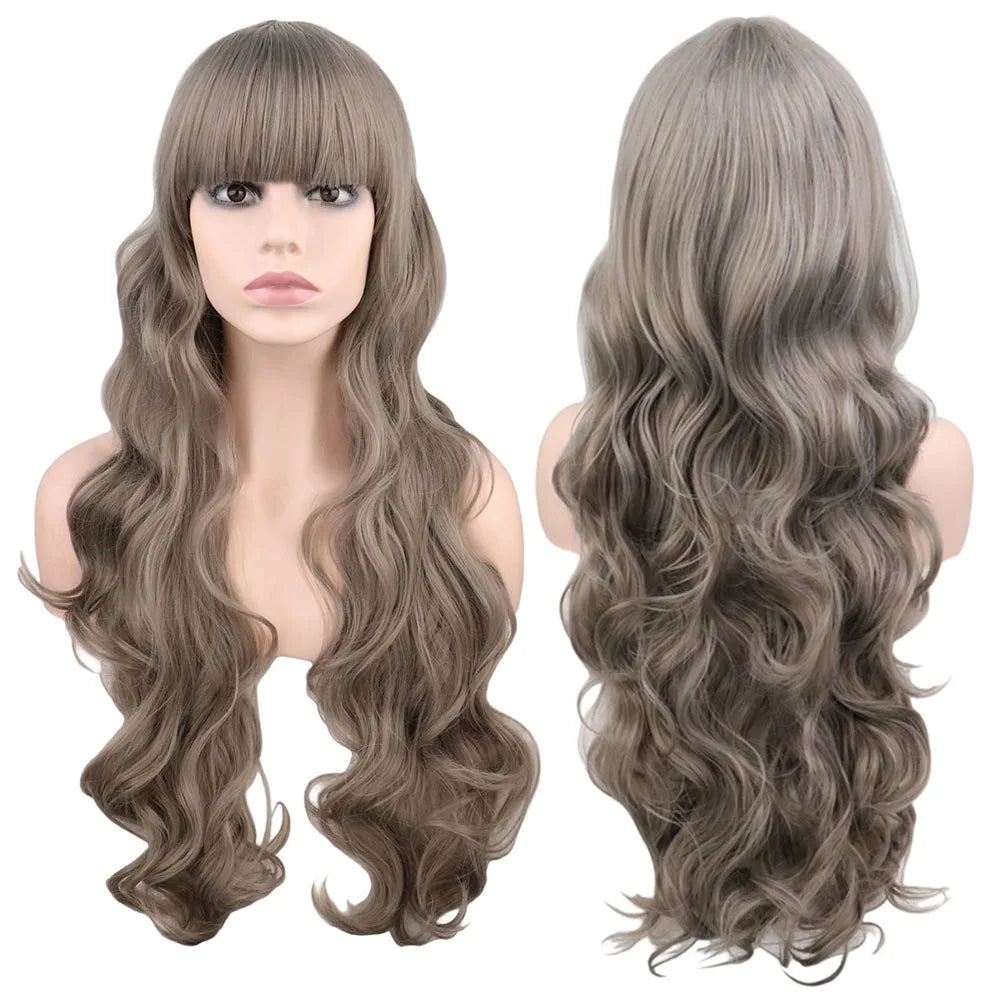 Long Wavy Cosplay Wigs For Women Party Costume Black White Red Pink Blue Blonde Orange Synthetic Hair Wigs with Bangs