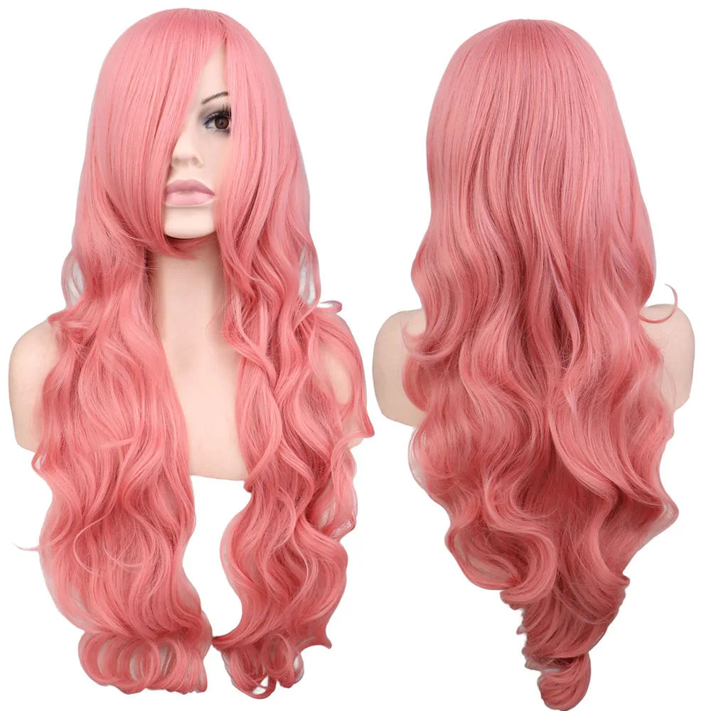 Long Wavy Cosplay Wigs For Women Party Costume Black White Red Pink Blue Blonde Orange Synthetic Hair Wigs with Bangs