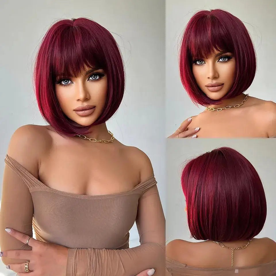 Short hair synthetic wig with side parting, locks around the collarbone, hair made of high-temperature fibers, full head cover.