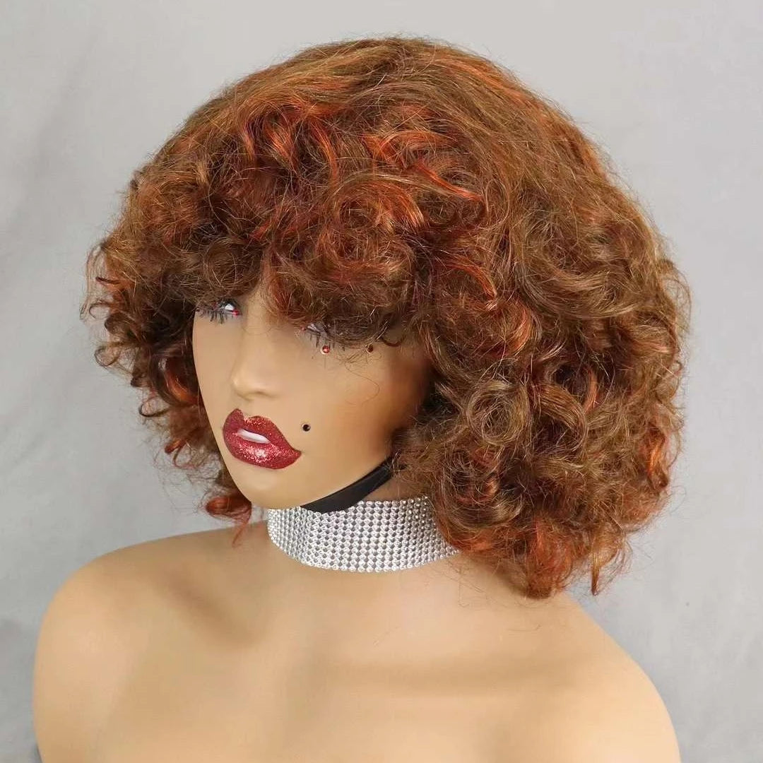 200% Density Bouncy Curly Human Hair Wigs Deep Loose Wave Full Machine Hair Wigs Natural 6 Inch Brazilian Remy Human Hair Wigs