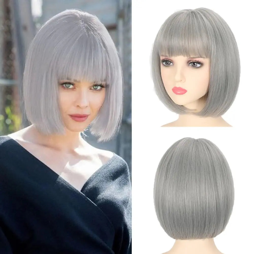 Short hair synthetic wig with side parting, locks around the collarbone, hair made of high-temperature fibers, full head cover.