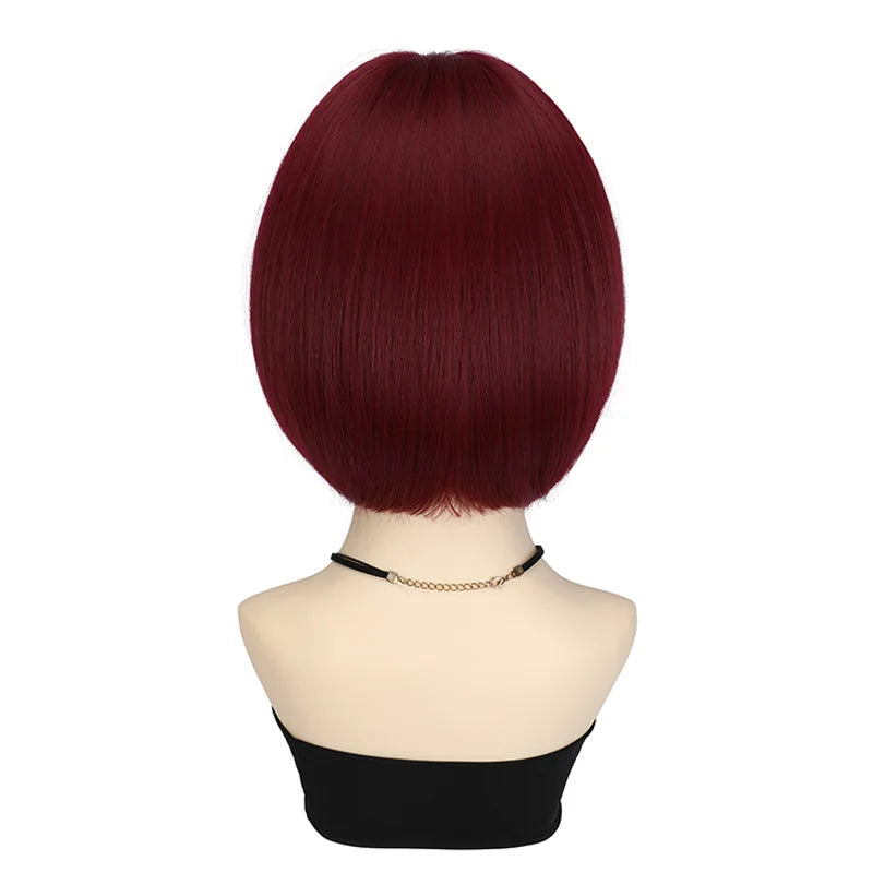 Short hair synthetic wig with side parting, locks around the collarbone, hair made of high-temperature fibers, full head cover.