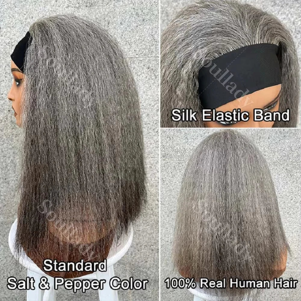 Kinky Straight Human Hair Headband Wigs Glueless Salt & Pepper Wigs Grey Colored Straight Human Hair Wigs For Women