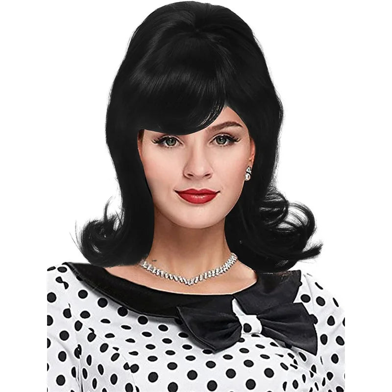QQXCAIW Synthetic Hair 70s Pinup Pelucas 60s Retro vintage period women's short straight wig with flat bangs for everyday partie