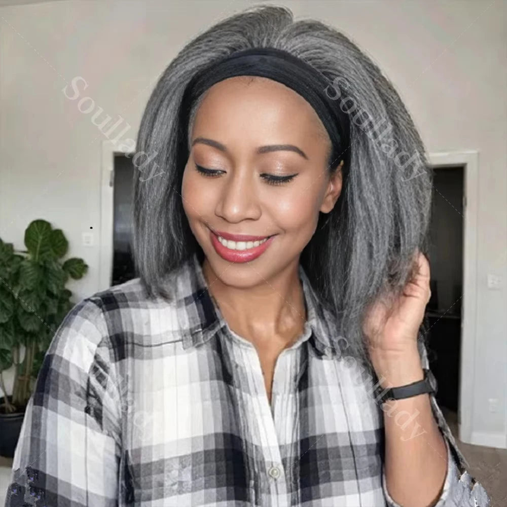 Kinky Straight Human Hair Headband Wigs Glueless Salt & Pepper Wigs Grey Colored Straight Human Hair Wigs For Women
