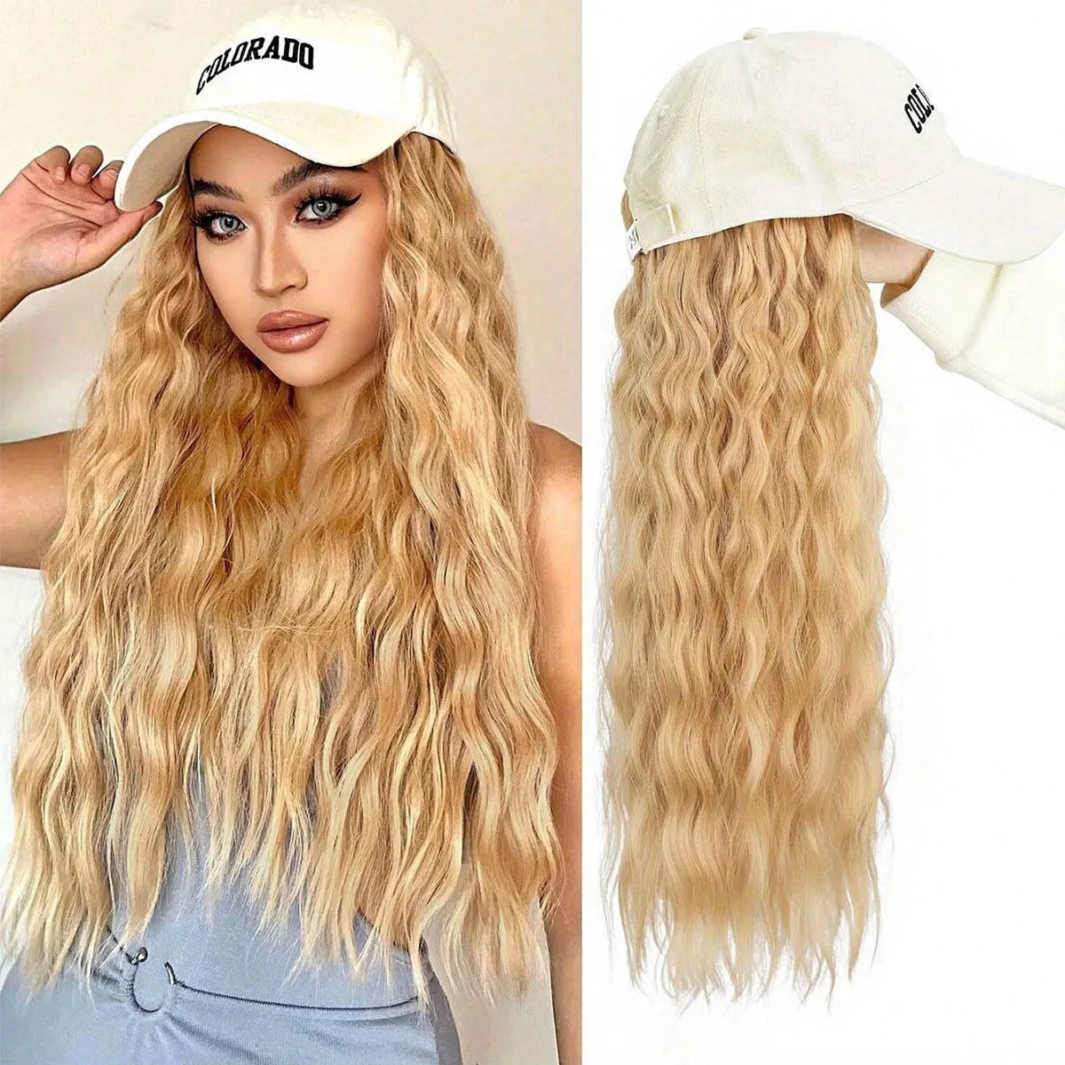 Hat Wigs Baseball Cap Synthetic Wigs With Short Bob Wavy Curly Hair Extensions Adjustable Wings That Attached Short Extensions