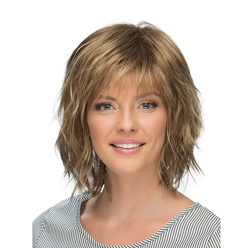 HAIRJOY Synthetic Hair Blonde Brown Wigs for Women  Curly with Bangs Short Wig
