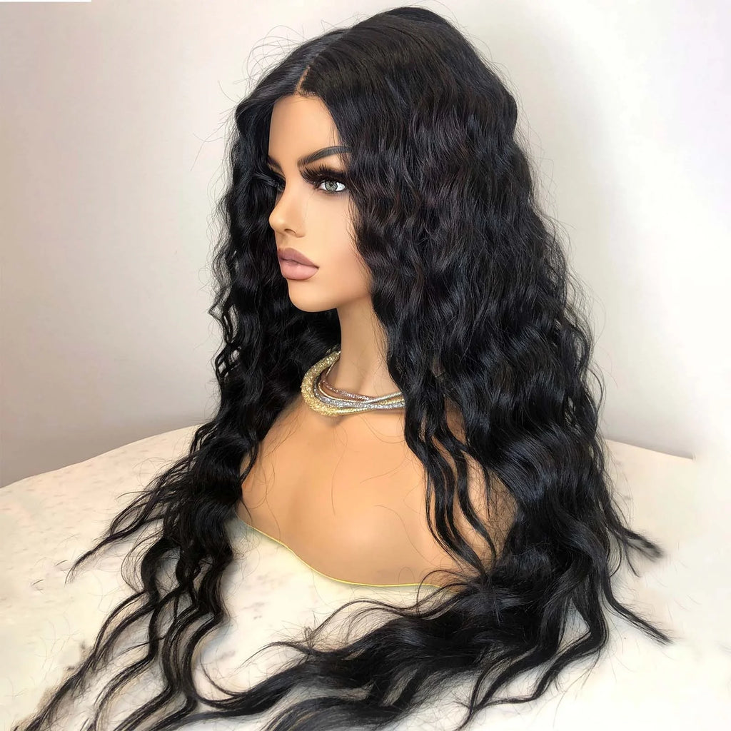 Long Curly Hair Wig for Women Natural Black Wavy Synthetic Wig Middle Part Pre Plucked Hairline 13X4 Lace Front Brunette Wigs