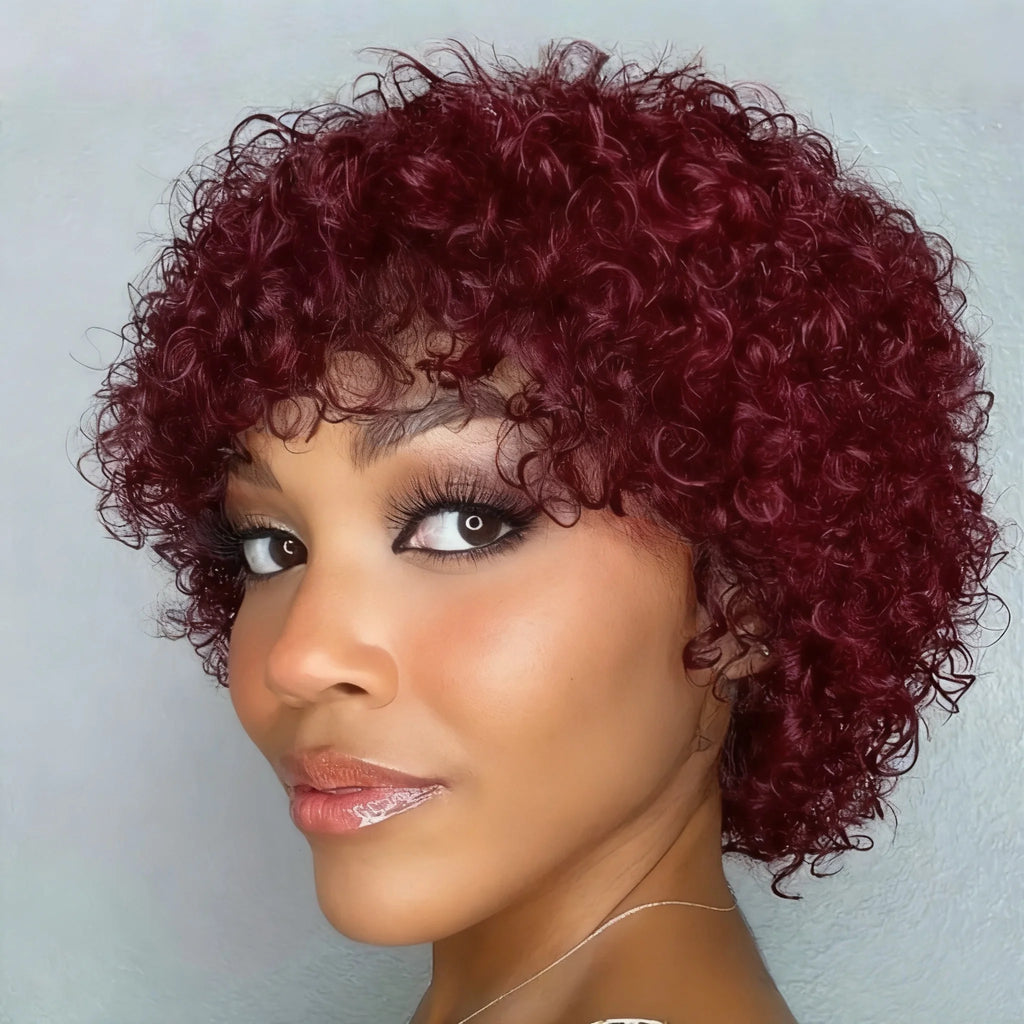 Human Hair Wig Looking Pixie Cut with Bangs Afro Kinky Curly wig  Full Machine Made For Wome