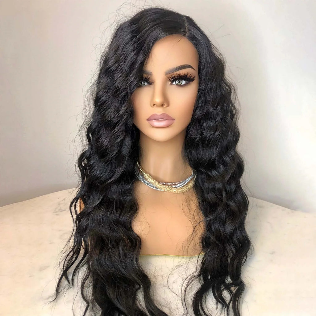 Long Curly Hair Wig for Women Natural Black Wavy Synthetic Wig Middle Part Pre Plucked Hairline 13X4 Lace Front Brunette Wigs