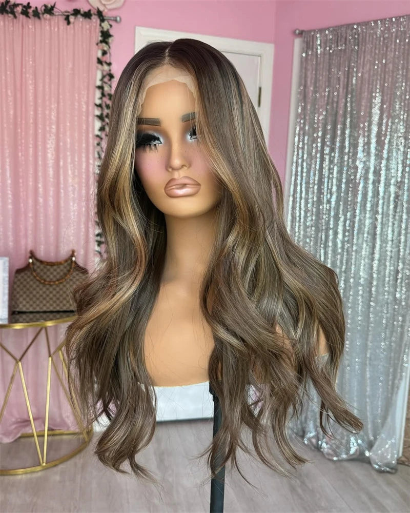 New Natural Wavy Synthetic Wig chestnut Brown Honey Blonde Ginger Dark Roots High Quality Wigs Heat Resistatn Fibre Women Hair