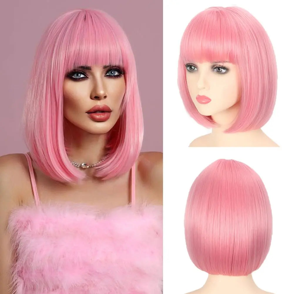 Short hair synthetic wig with side parting, locks around the collarbone, hair made of high-temperature fibers, full head cover.