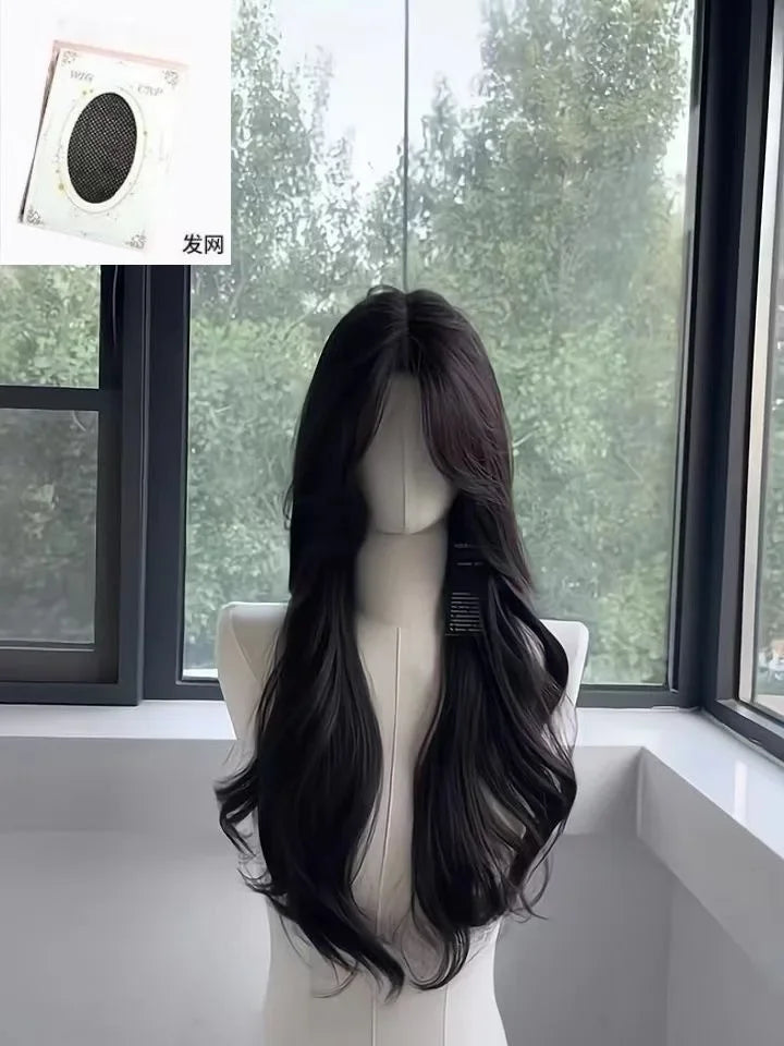 women's long hair black simulated hair new fashionable and versatile eight character bangs lazy curly hair wig