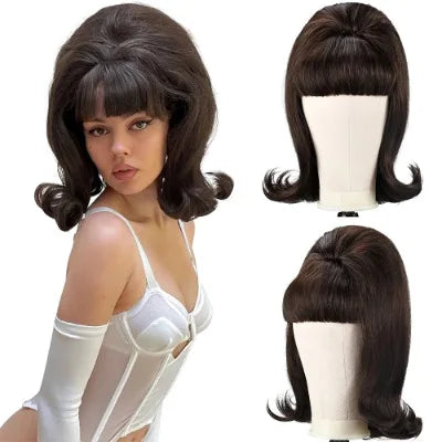 QQXCAIW Synthetic Hair 70s Pinup Pelucas 60s Retro vintage period women's short straight wig with flat bangs for everyday partie
