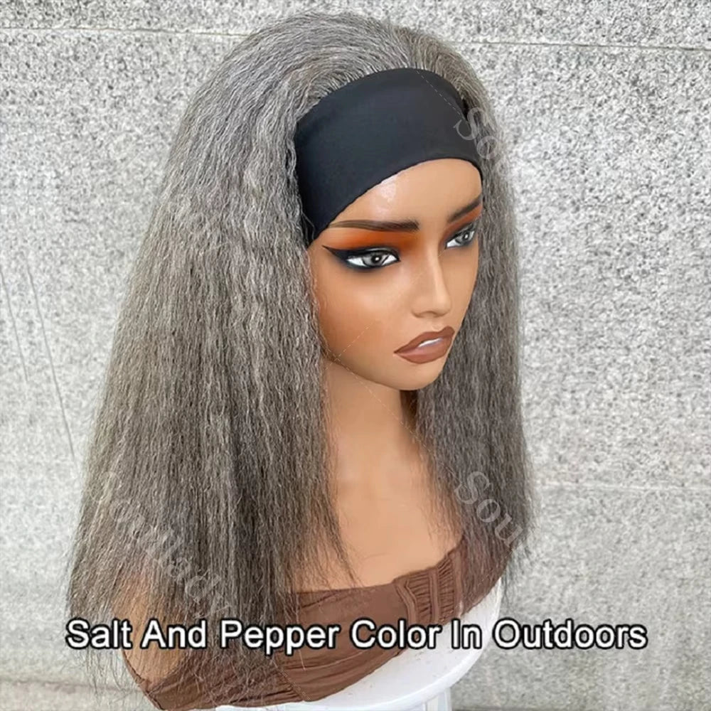 Kinky Straight Human Hair Headband Wigs Glueless Salt & Pepper Wigs Grey Colored Straight Human Hair Wigs For Women