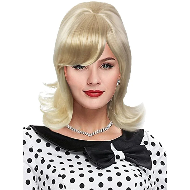 QQXCAIW Synthetic Hair 70s Pinup Pelucas 60s Retro vintage period women's short straight wig with flat bangs for everyday partie