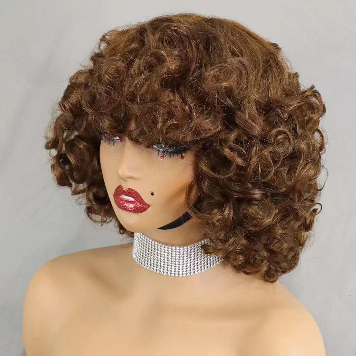 200% Density Bouncy Curly Human Hair Wigs Deep Loose Wave Full Machine Hair Wigs Natural 6 Inch Brazilian Remy Human Hair Wigs