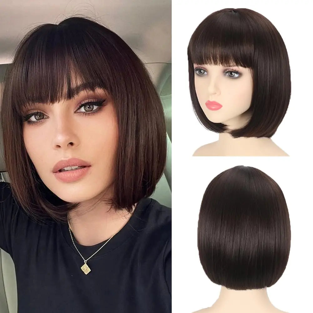 Short hair synthetic wig with side parting, locks around the collarbone, hair made of high-temperature fibers, full head cover.