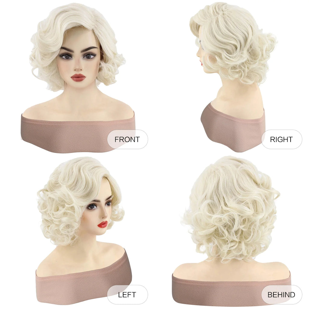 Synthetic Hair 12 inch Short Blonde Bouffant Curly Wavy Women's Wig for Daily Party Use Natural Looking Glueless Heat Resistant