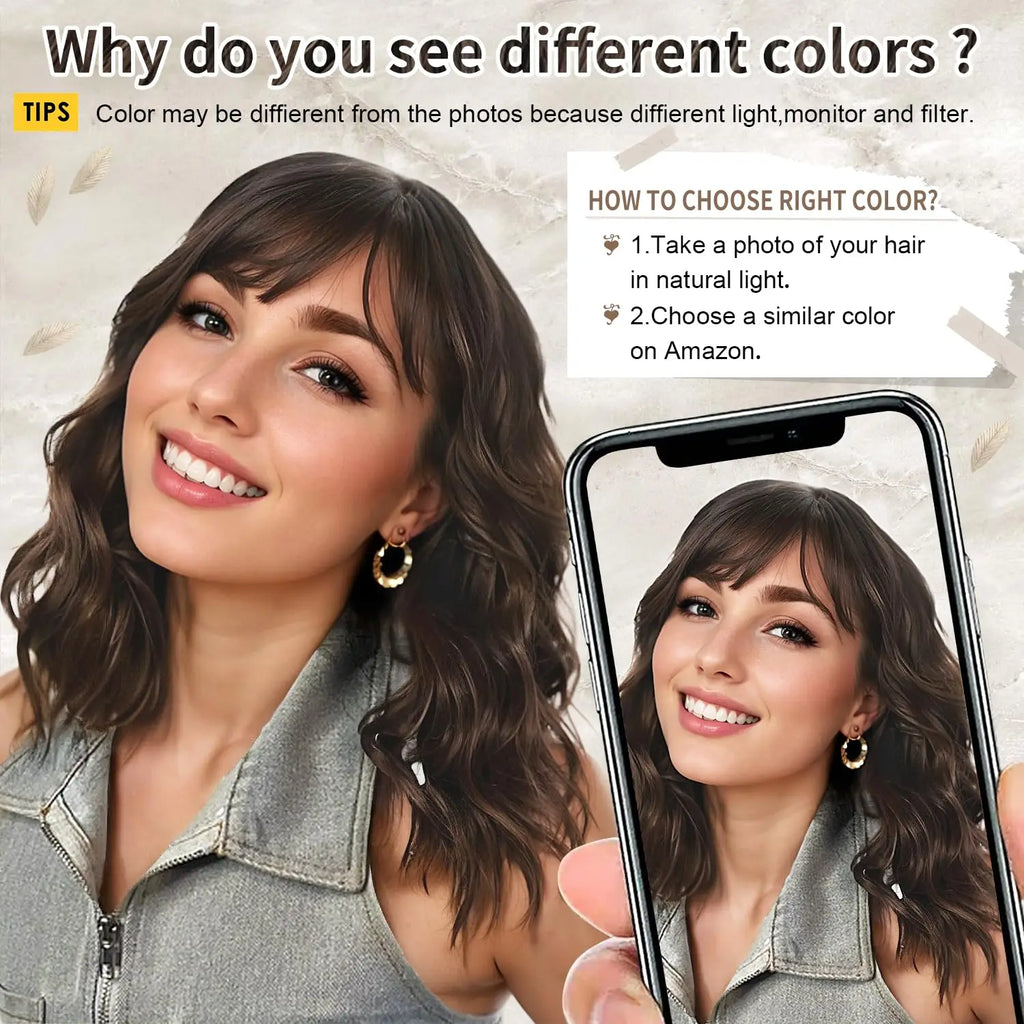 HAIR Natural Brown Synthetic Curly Wavy Bob Wig with Bangs for Women