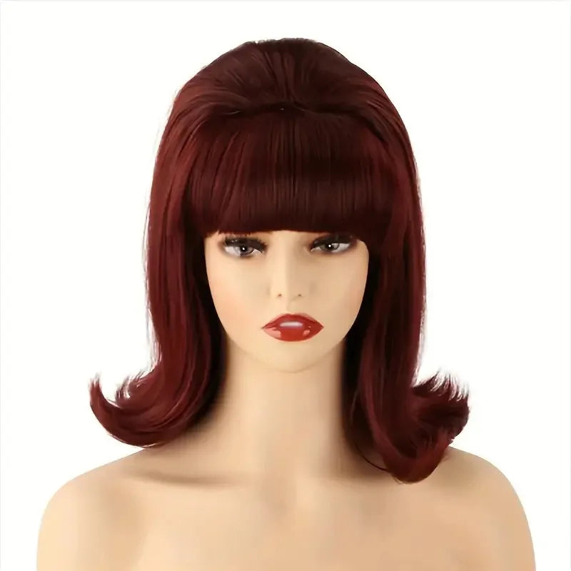 QQXCAIW Synthetic Hair 70s Pinup Pelucas 60s Retro vintage period women's short straight wig with flat bangs for everyday partie