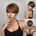 Short hair synthetic wig with side parting, locks around the collarbone, hair made of high-temperature fibers, full head cover.