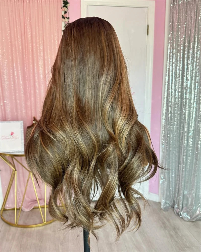 New Natural Wavy Synthetic Wig chestnut Brown Honey Blonde Ginger Dark Roots High Quality Wigs Heat Resistatn Fibre Women Hair