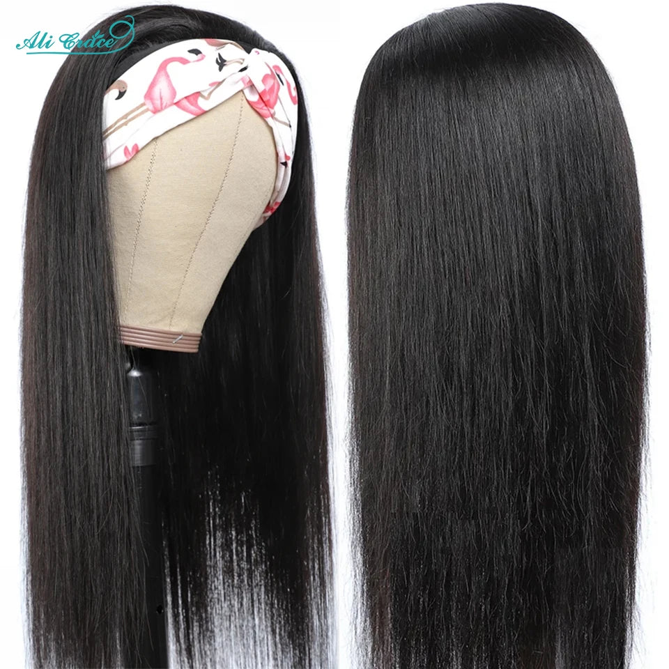 Ali Grace Glueless Wigs Straight Human Hair Wigs for Women Headband Hair Wigs With Adjustable Bangs Brazilian Straight Hair Wigs