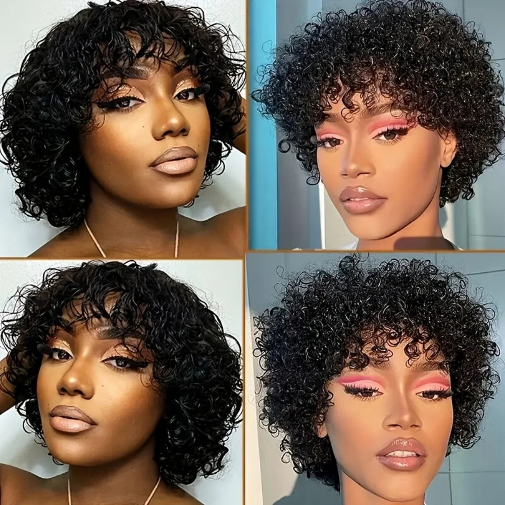 Human Hair Wig Looking Pixie Cut with Bangs Afro Kinky Curly wig  Full Machine Made For Wome