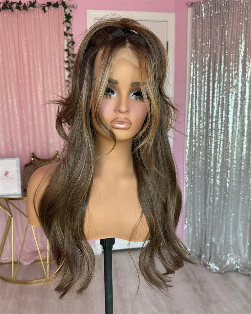 New Natural Wavy Synthetic Wig chestnut Brown Honey Blonde Ginger Dark Roots High Quality Wigs Heat Resistatn Fibre Women Hair