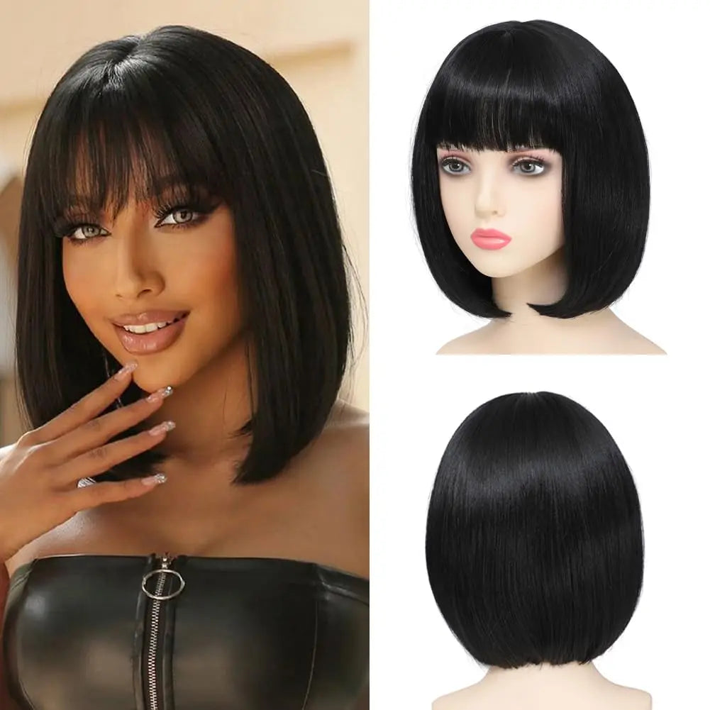 Short hair synthetic wig with side parting, locks around the collarbone, hair made of high-temperature fibers, full head cover.