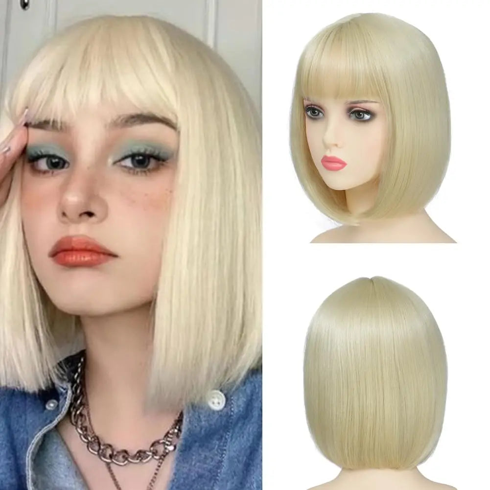 Short hair synthetic wig with side parting, locks around the collarbone, hair made of high-temperature fibers, full head cover.