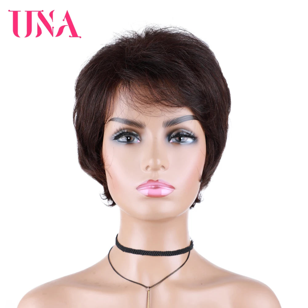 UNA Short Human Hair Wigs For Women Remy Natural Wavy Human Hair Indian Human Hair Wigs Machine Hair Wigs 6"