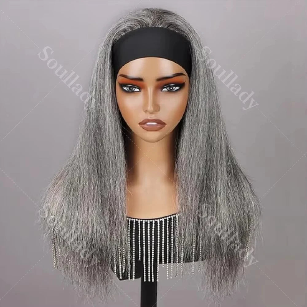 Kinky Straight Human Hair Headband Wigs Glueless Salt & Pepper Wigs Grey Colored Straight Human Hair Wigs For Women