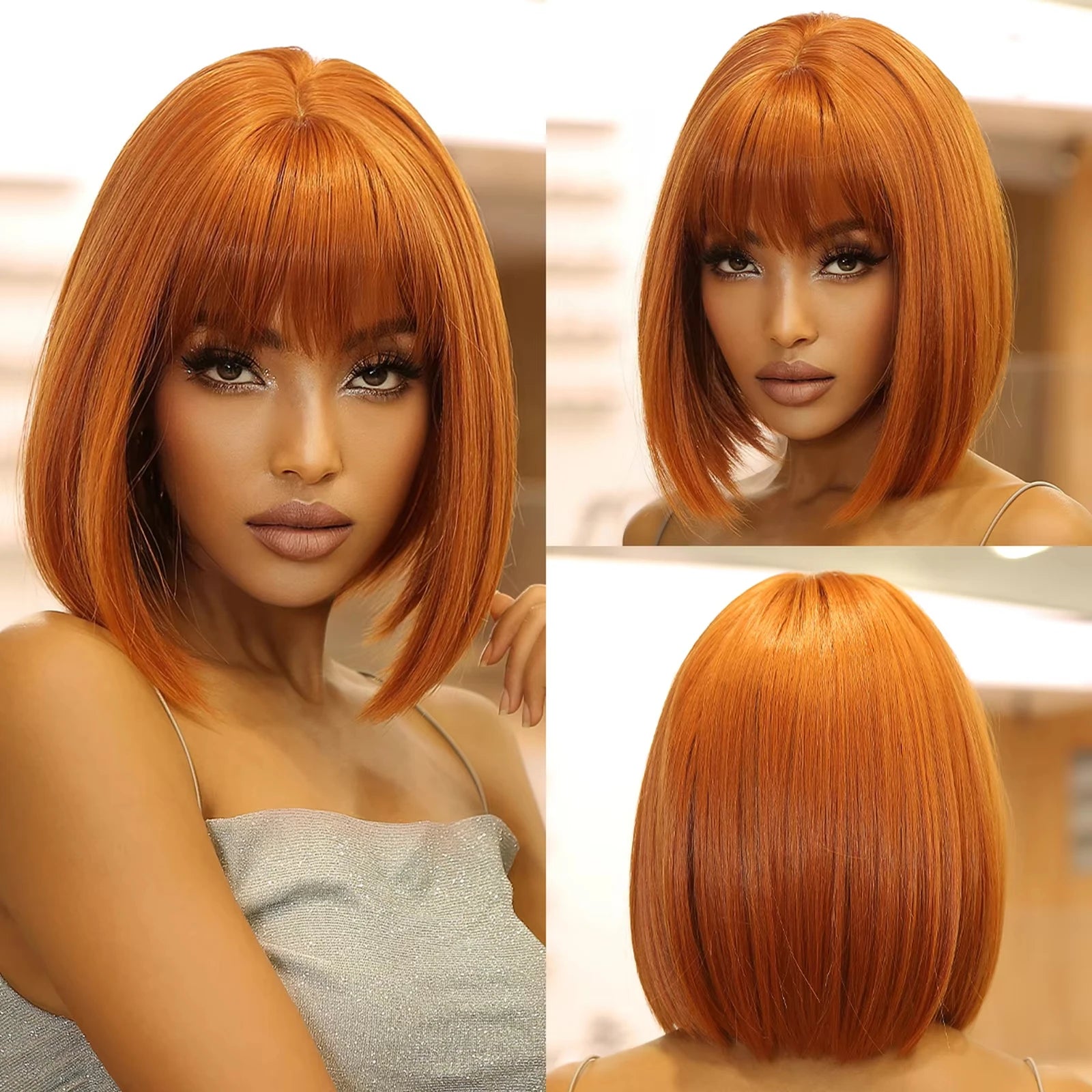 Short hair synthetic wig with side parting, locks around the collarbone, hair made of high-temperature fibers, full head cover.