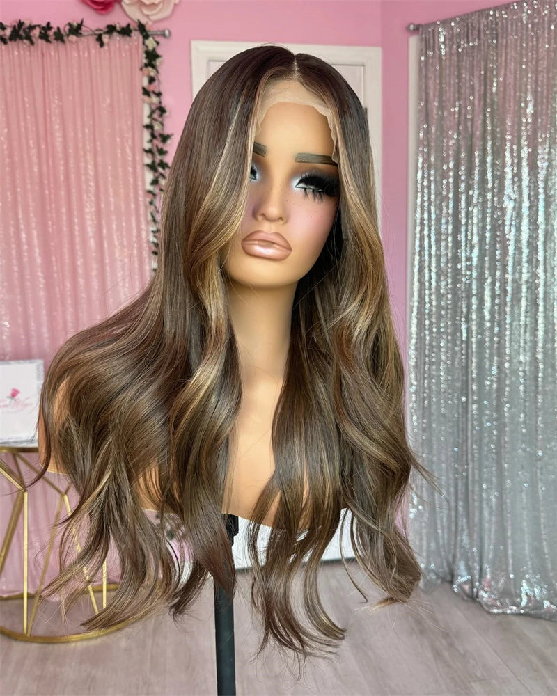 New Natural Wavy Synthetic Wig chestnut Brown Honey Blonde Ginger Dark Roots High Quality Wigs Heat Resistatn Fibre Women Hair