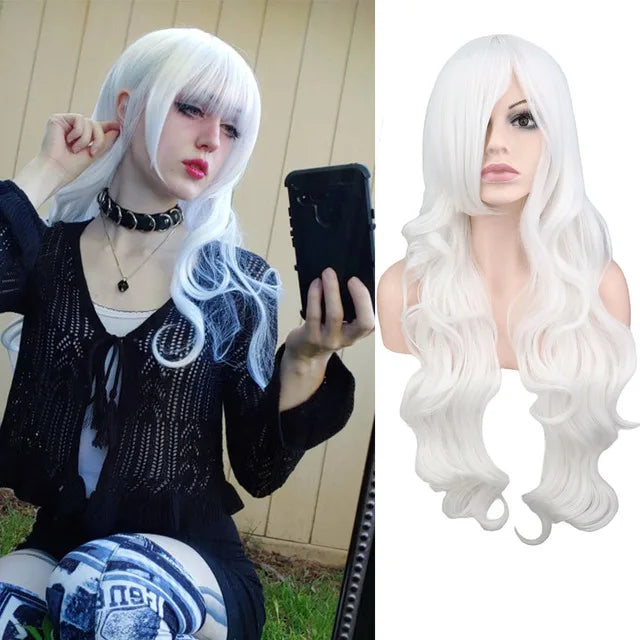 Long Wavy Cosplay Wigs For Women Party Costume Black White Red Pink Blue Blonde Orange Synthetic Hair Wigs with Bangs