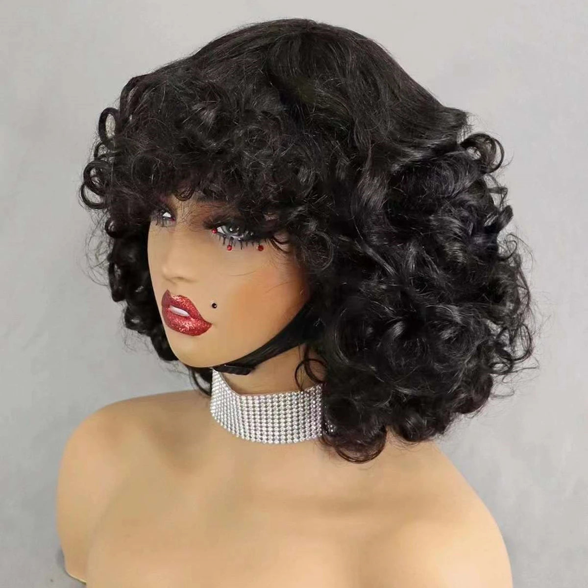200% Density Bouncy Curly Human Hair Wigs Deep Loose Wave Full Machine Hair Wigs Natural 6 Inch Brazilian Remy Human Hair Wigs