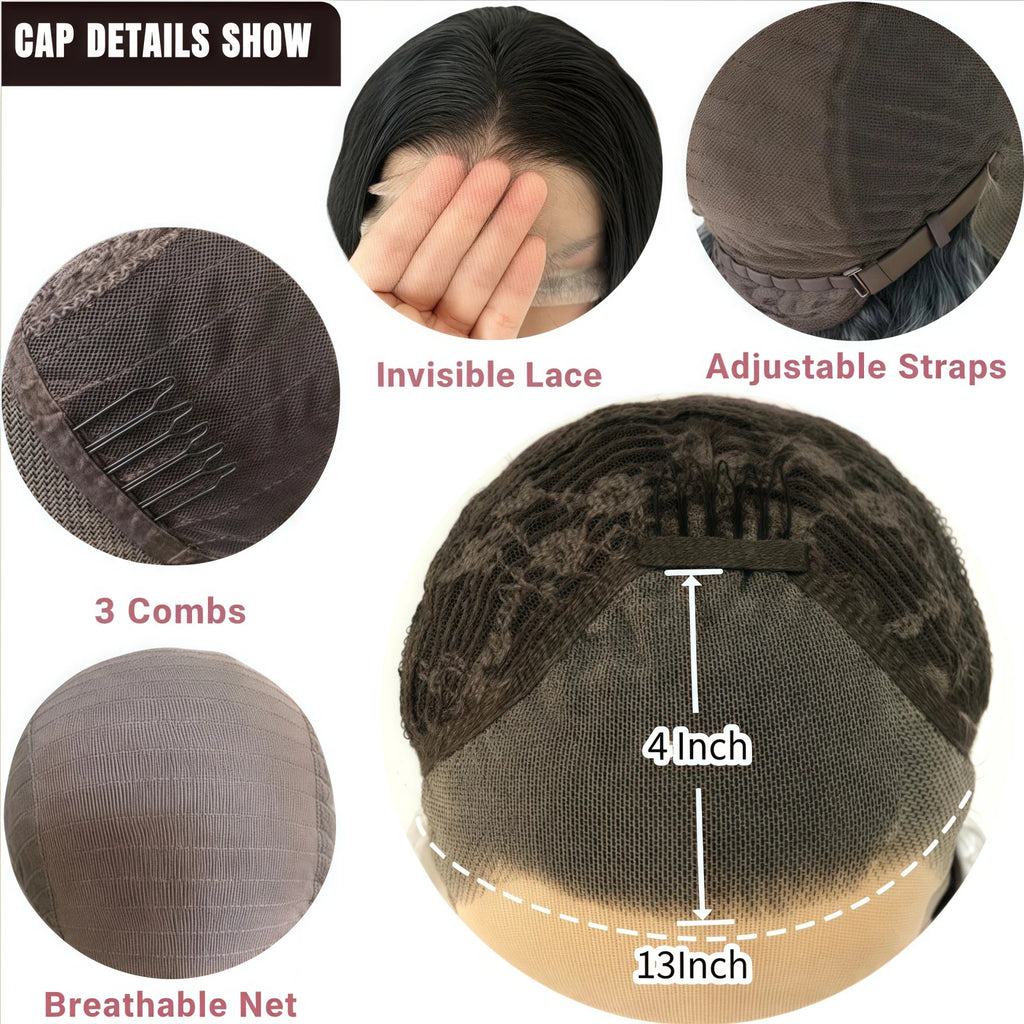 Long Curly Hair Wig for Women Natural Black Wavy Synthetic Wig Middle Part Pre Plucked Hairline 13X4 Lace Front Brunette Wigs