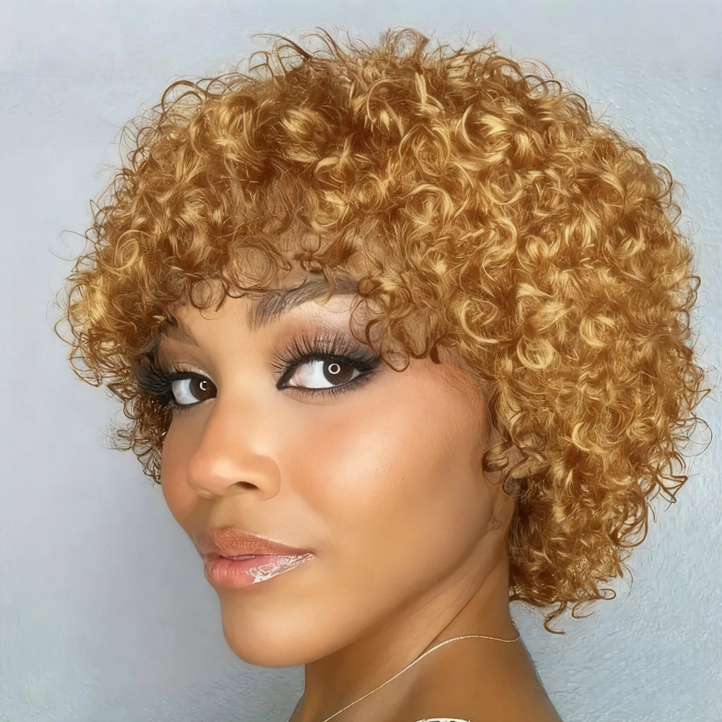 Human Hair Wig Looking Pixie Cut with Bangs Afro Kinky Curly wig  Full Machine Made For Wome