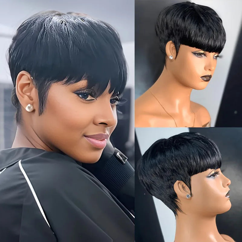 Short human  Hair Wigs Pixie Cuts Straight  Black Ladies  full machine made human hair  wigs for  women