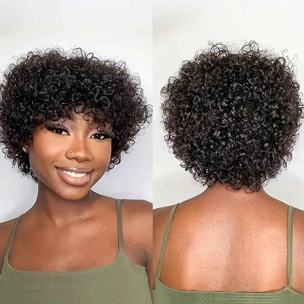 Human Hair Wig Looking Pixie Cut with Bangs Afro Kinky Curly wig  Full Machine Made For Wome