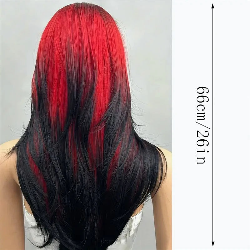 Wigs for women long straight hair heat-resistant synthetic fiber 25 inches black and red abalone head with bangs full wig