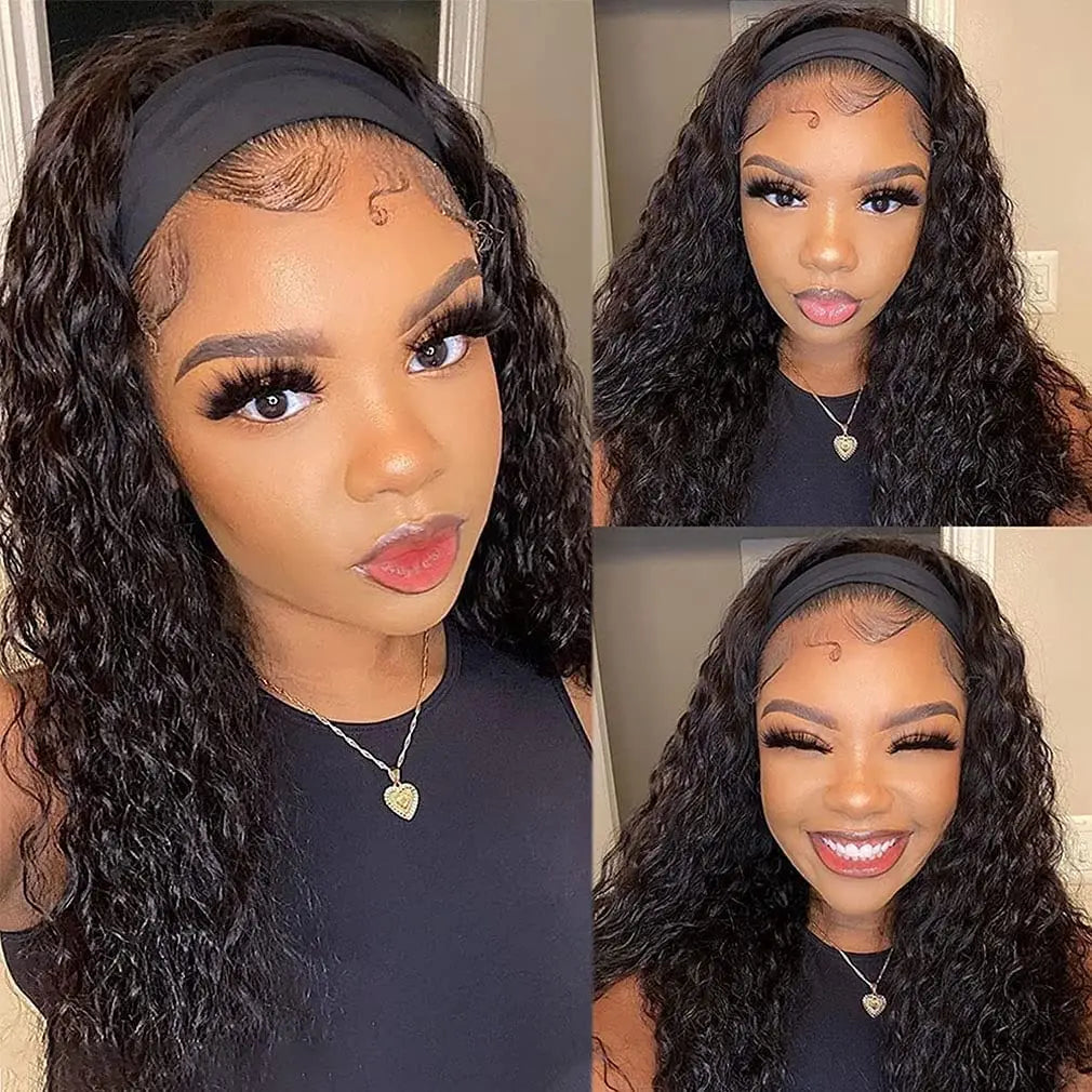 Headband Wigs Human Hair 28 30 32 Inch Water Wave Wigs 100% Real Hair Curly wig None Lace Front Wigs Full Machine Made Wigs