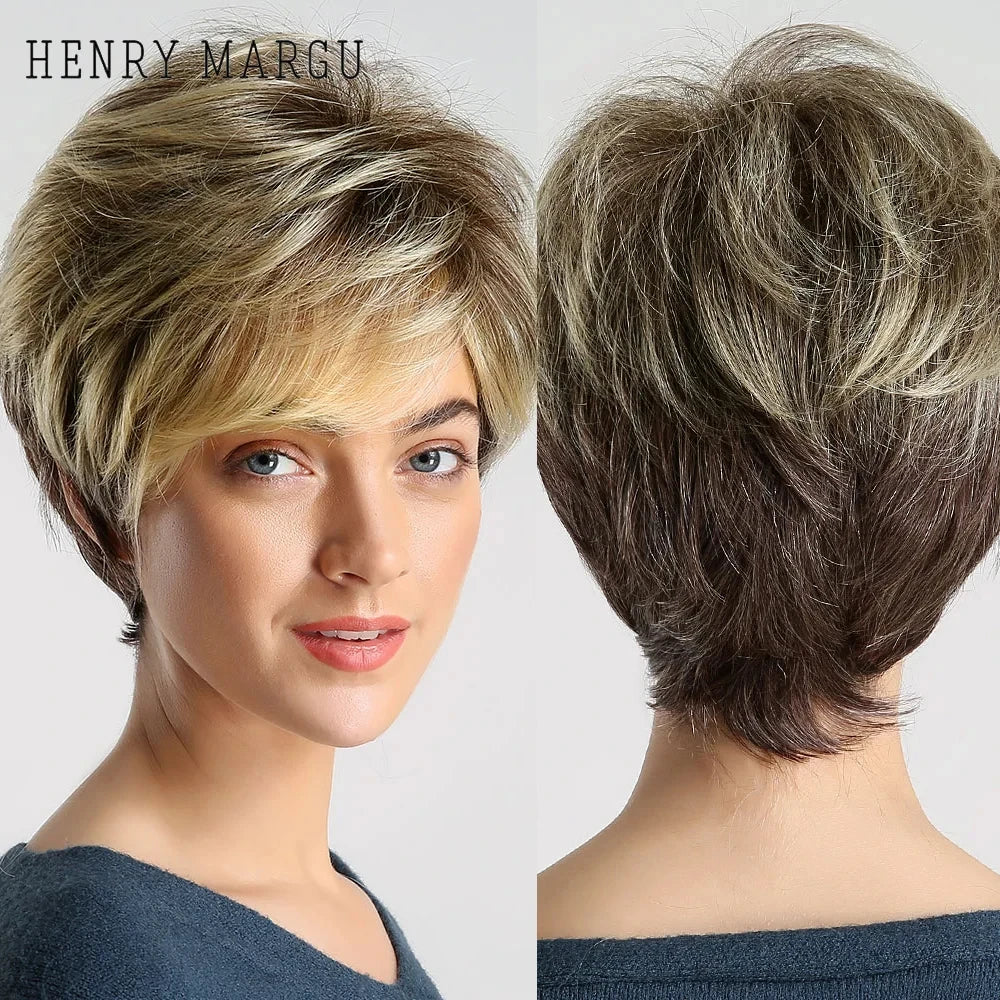 Short hair synthetic wig with side parting, locks around the collarbone, hair made of high-temperature fibers, full head cover.