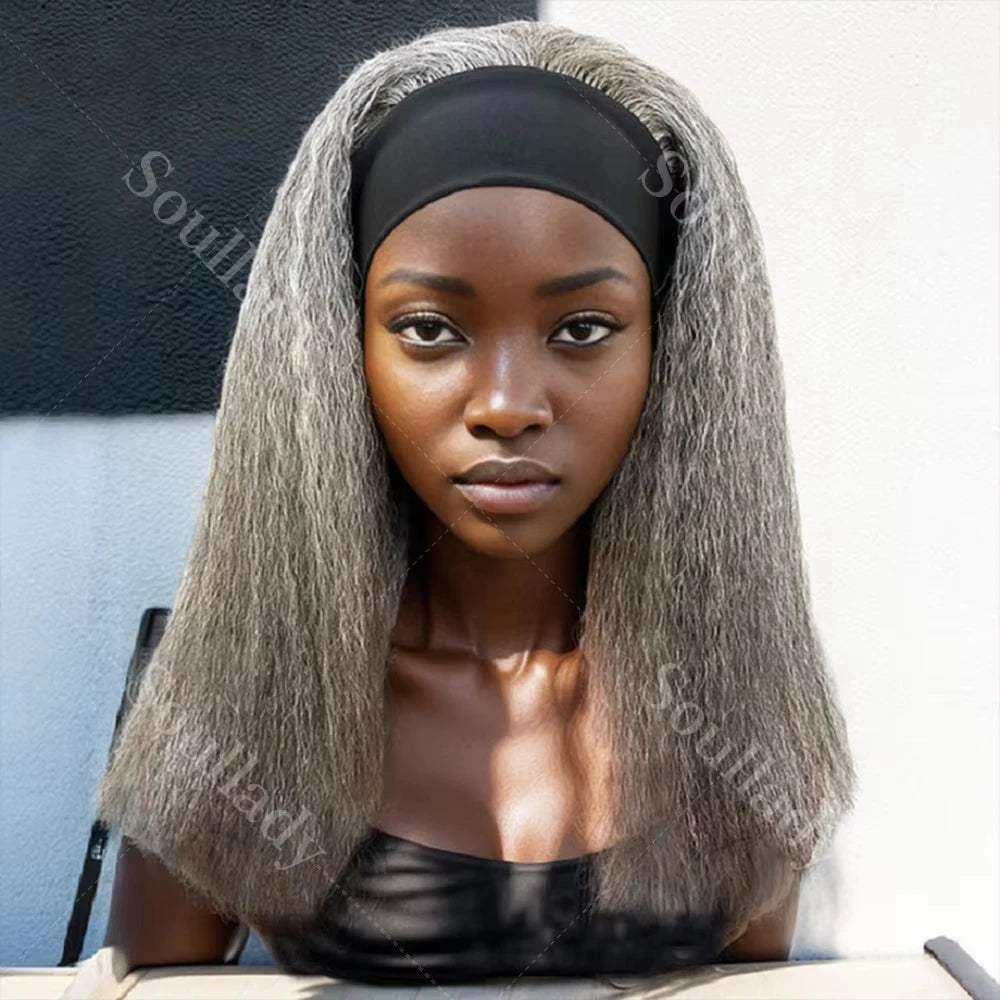 Kinky Straight Human Hair Headband Wigs Glueless Salt & Pepper Wigs Grey Colored Straight Human Hair Wigs For Women