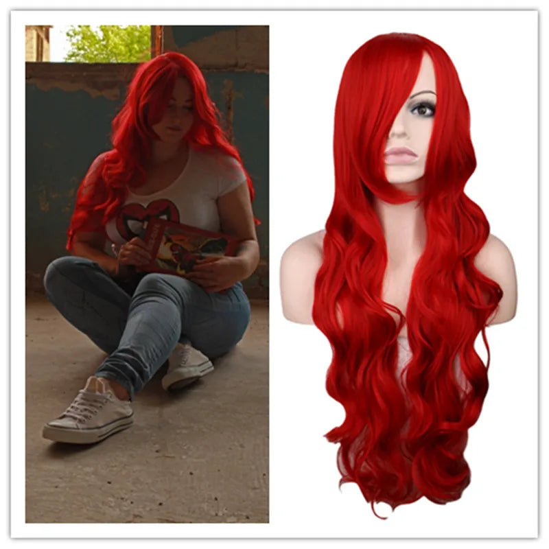 Long Wavy Cosplay Wigs For Women Party Costume Black White Red Pink Blue Blonde Orange Synthetic Hair Wigs with Bangs