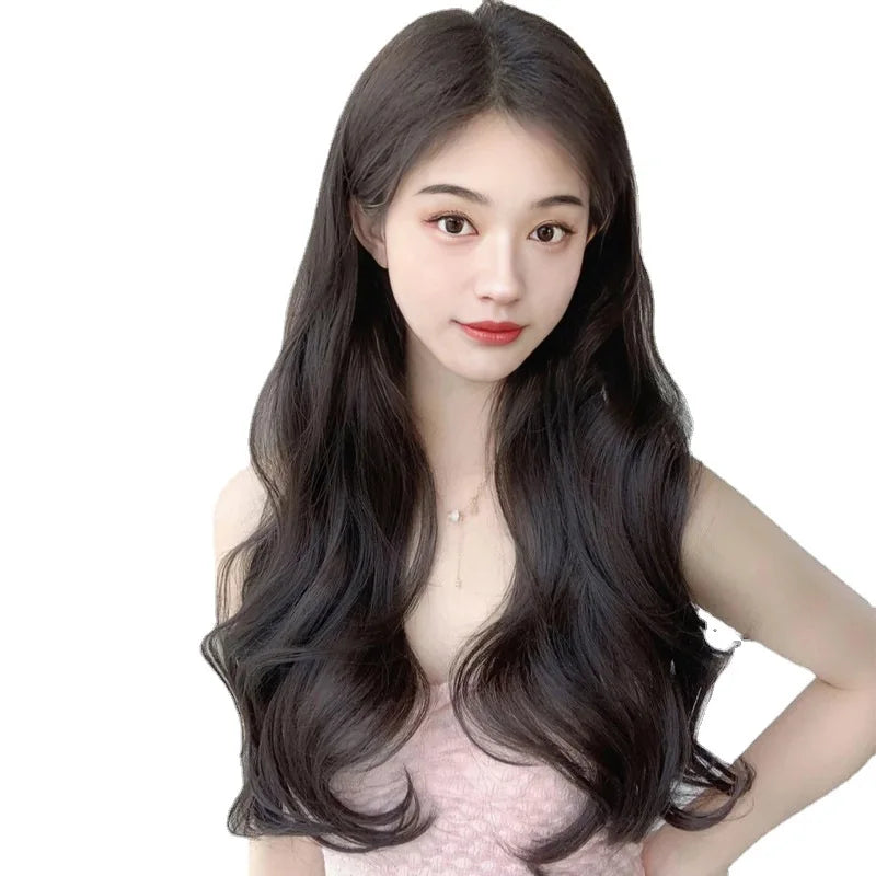 Women's long wavy wig, elegant face-shaping middle part, large curls, realistic synthetic hair full headpiece for daily wear
